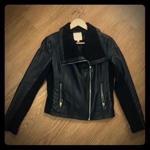 Faux leather jacket with woven detail